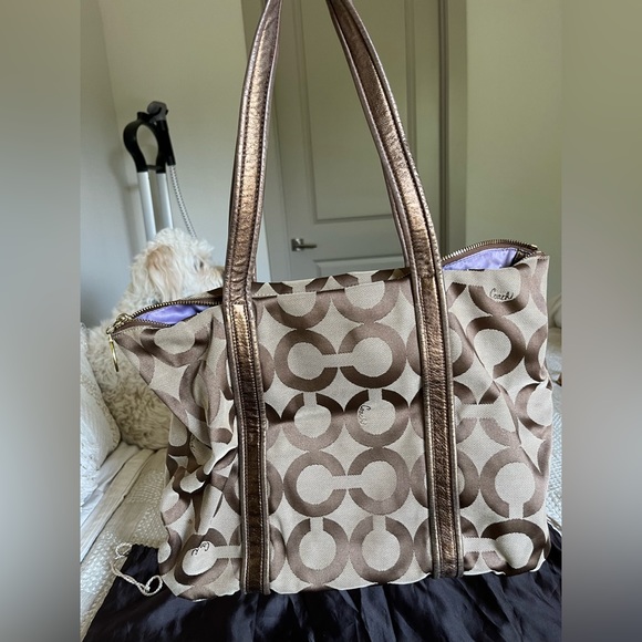 Coach Poppy C op art glam bronze metallic leather brown jacquard canvas tote bag - Picture 4 of 15